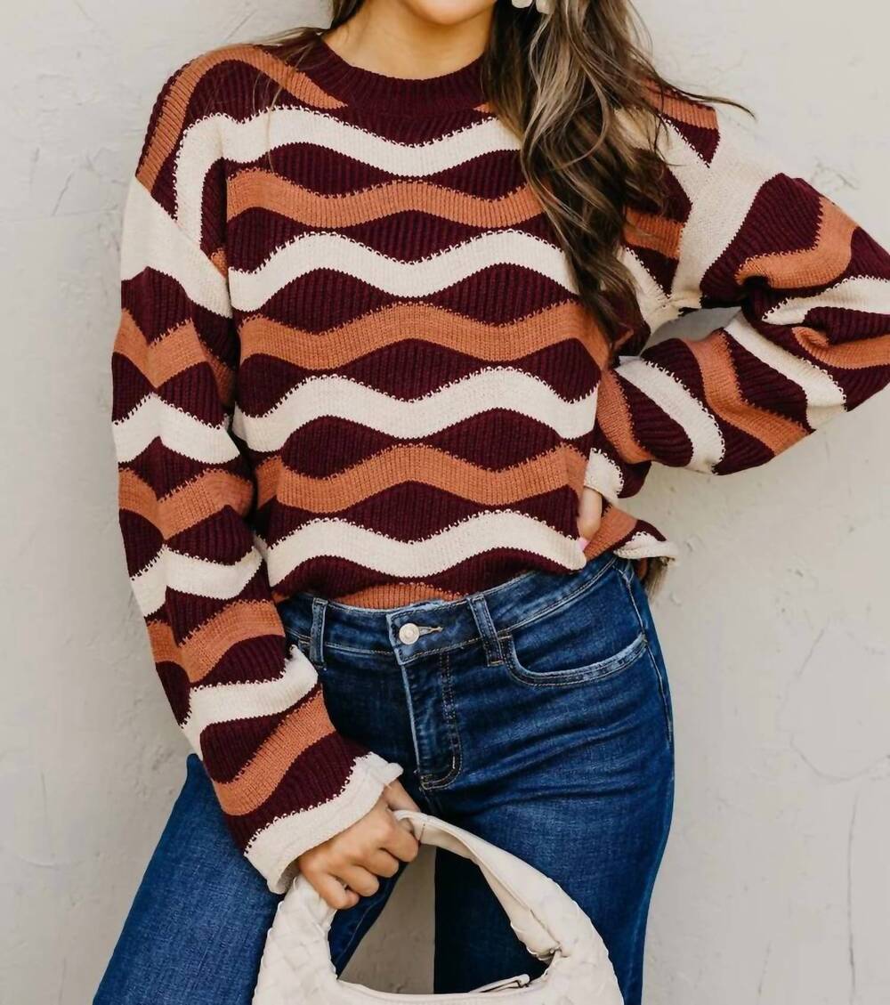NEW SHE + SKY wavy stripe sweater in burgundy multi